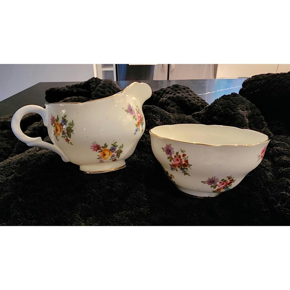 Vintage Adderley Fine Bone China Cream and Sugar Set England Floral Gold Trim